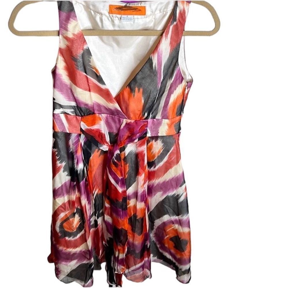 ❤️Cynthia Steffe Women's Abstract V Neck Sleeveless Silk Dress Multi-Color Sz2